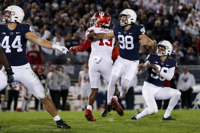 Penn State's Jordan Stout (98) made a 50-yard field goal against Indiana. (Matthew O'Haren/USA Today Sports)